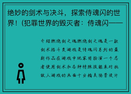 绝妙的剑术与决斗，探索侍魂闪的世界！(犯罪世界的毁灭者：侍魂闪——探索绝妙剑术与决斗的玄妙世界！)